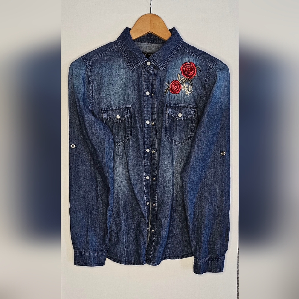 Women's Denim Western Coastal Cowgirl Cavalini Long Sleeve Pearl Button Up - Picture 1 of 3